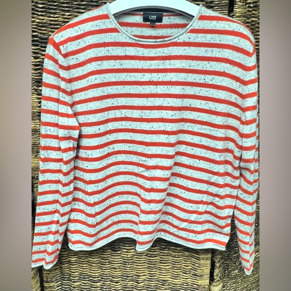 LINE Women's Red and White Striped Crew Neck Sweater- 100% Cashmere, Small